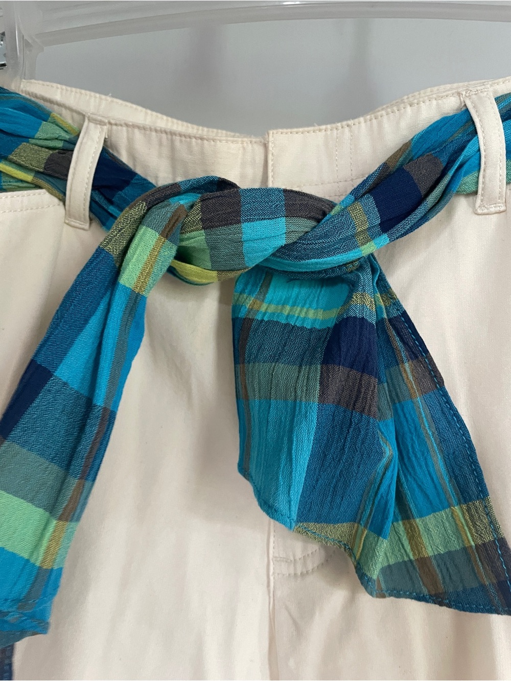 NWT Liz Claiborne Cream Cotton Chinos with Blue Plaid Waist Tie Womens size 12 - Picture 6 of 9